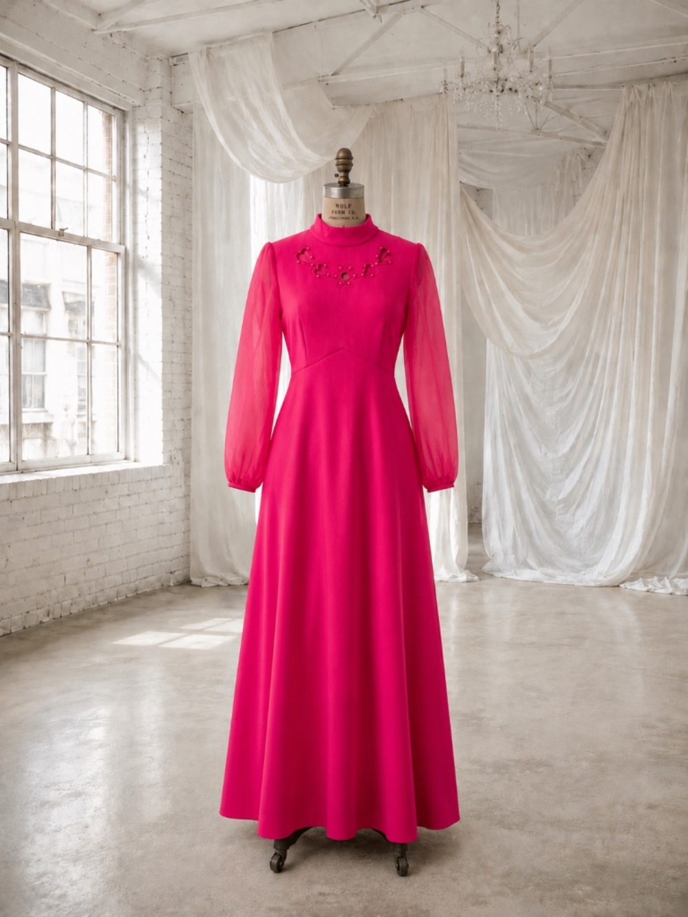 Vintage 70s Hot Pink Fuchsia Barbie Chiffon Cut Out Hearts Beaded Maxi Dress L